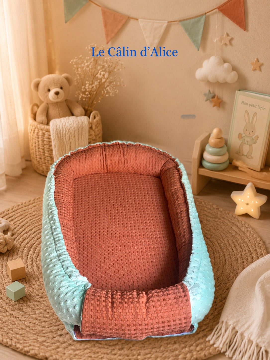Réducteur de lit réversible minky vert d'eau à pois et marron gaufré – Fait main | Le Câlin d'Alice