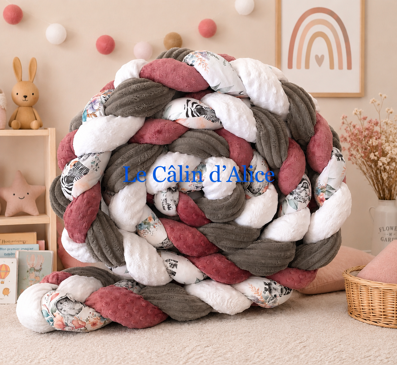 Tresse de lit 4 brins – Minky à pois rose framboise & blanc, gris rayures & animaux savane fleuris