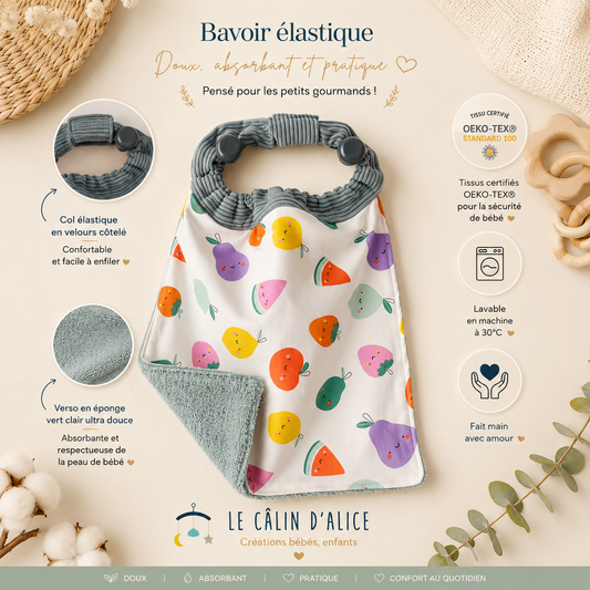 Bavoir élastique bébé imprimé fruits et éponge vert absorbant fait main – Le Câlin d'Alice