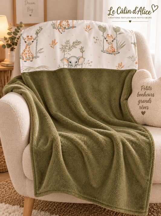 Couverture bébé kaki motif animaux de la savane, faite main