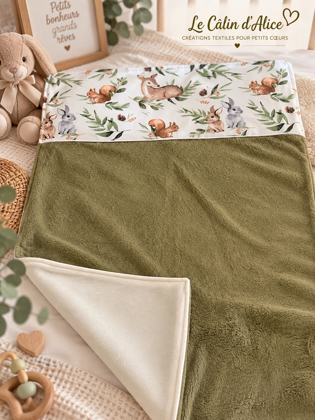 Couverture bébé kaki motif animaux de la forêt, faite main