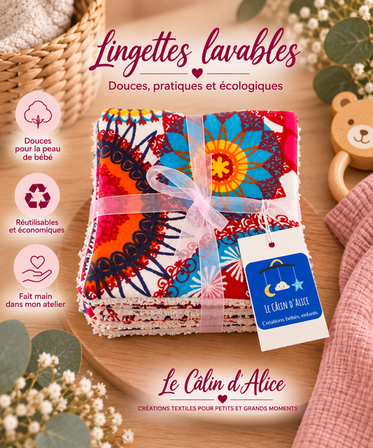 Lot de 10 lingettes lavables bébé en tissu Bohème