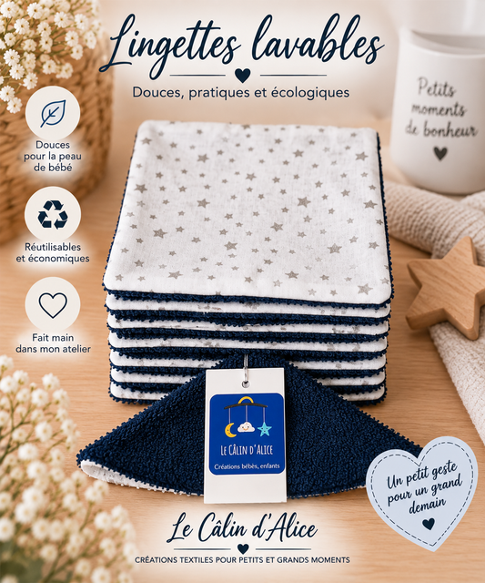 Lot de 8 lingettes lavables bébé motif étoiles 
