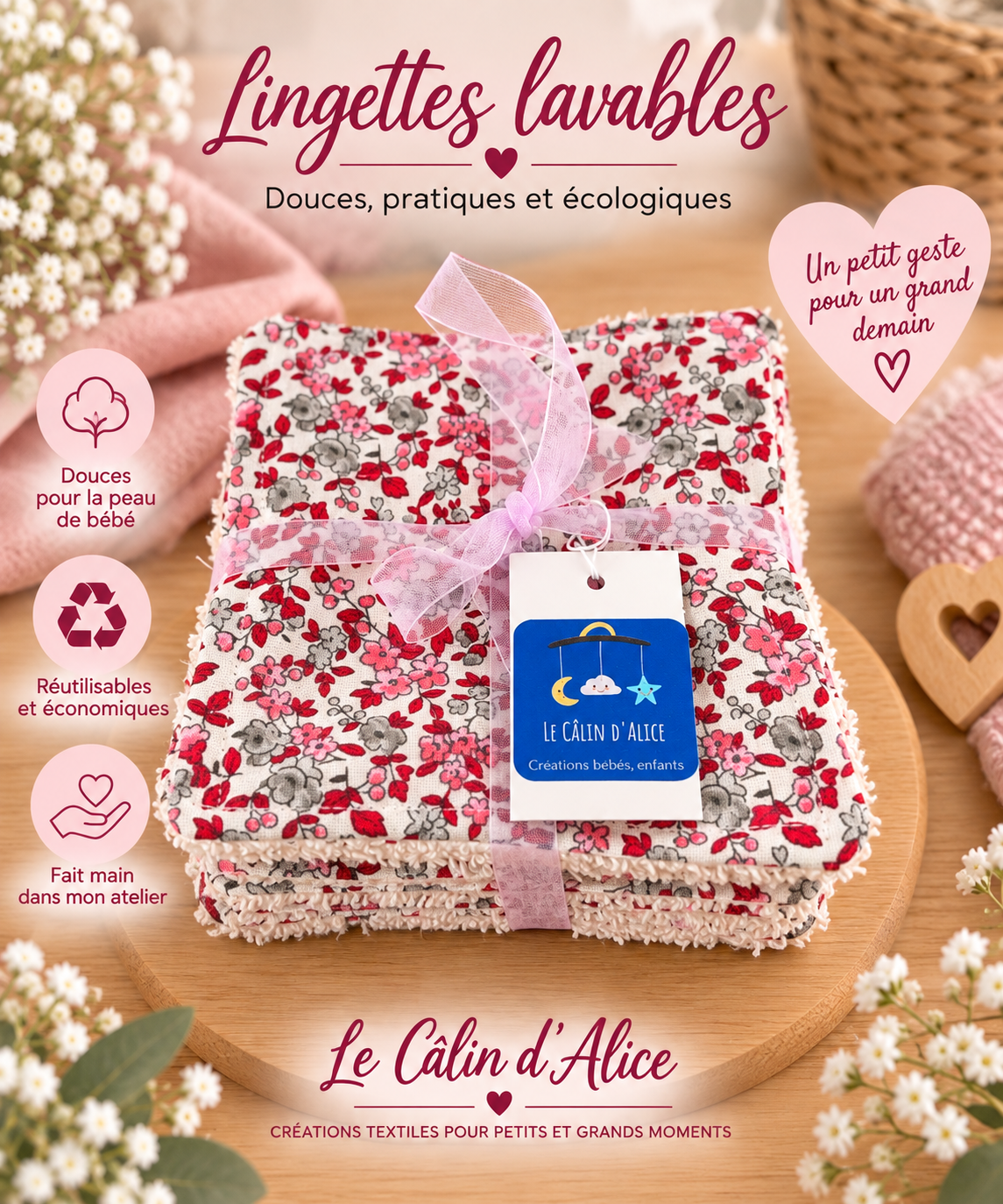 Lingette lavable bébé en coton imprimé motif Liberty fleuri