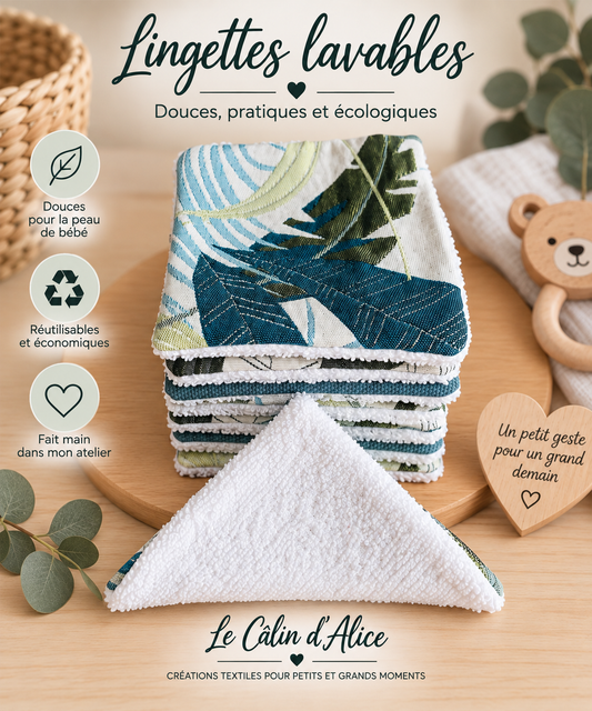 Lot de 10 lingettes lavables bébé motif feuille