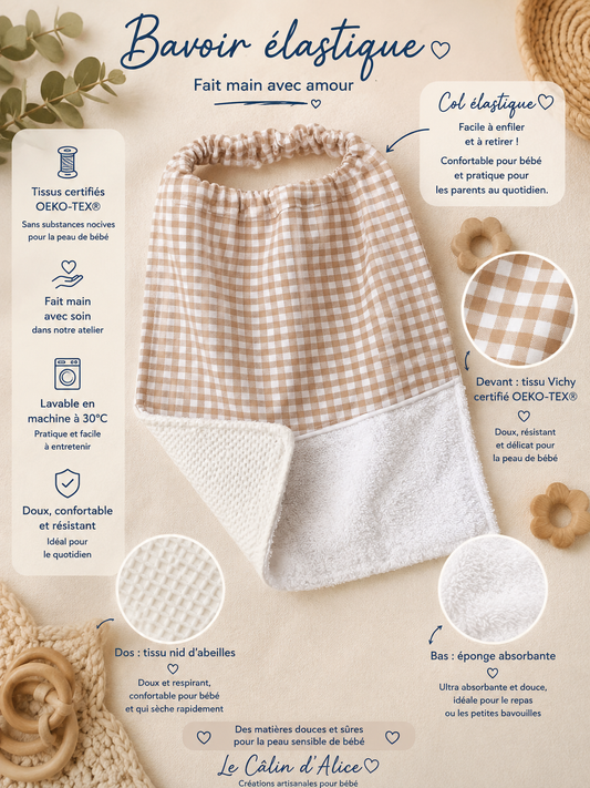 Bavoir élastique bébé vichy beige et nid-d'abeille blanc fait main – Le Câlin d'Alice