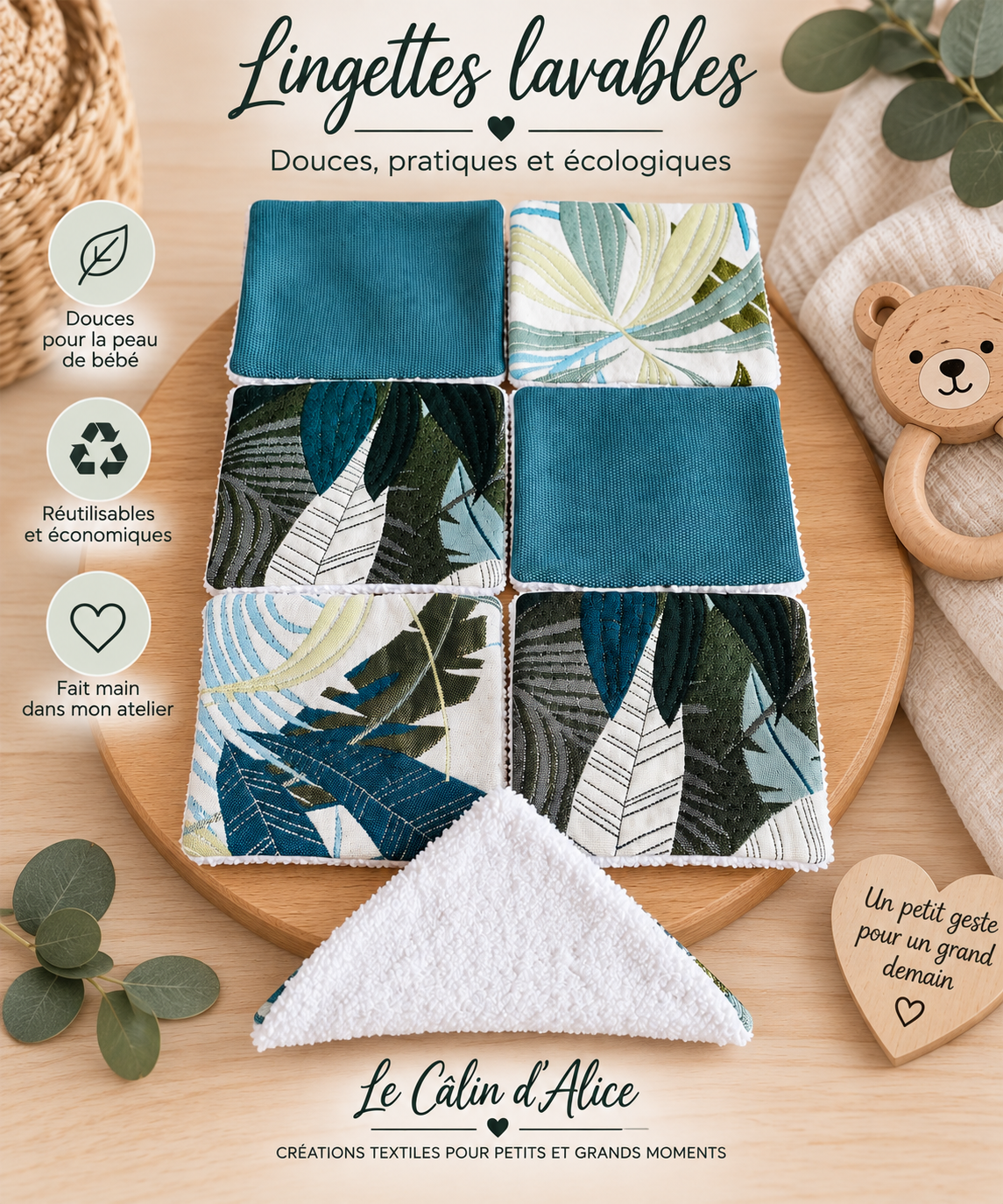 Lingette lavable bébé en coton imprimé motif feuille