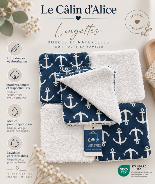Lot de 10 lingettes lavables bébé motif marin