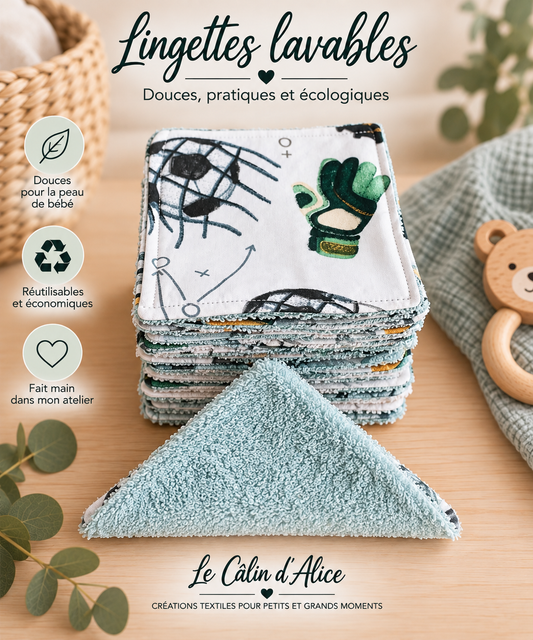 Lot de 10 lingettes lavables bébé motif foot