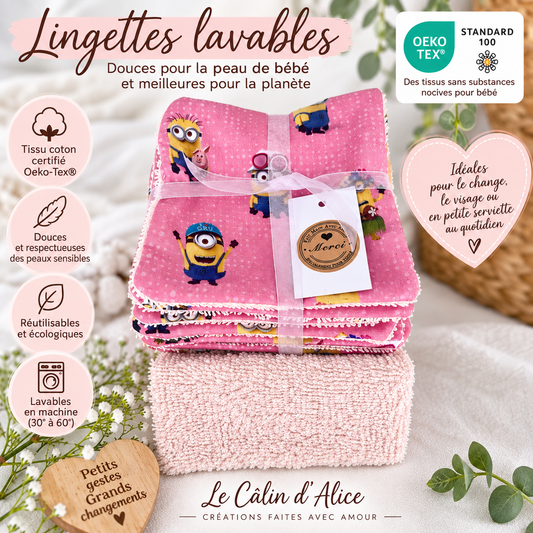 Lot de 10 lingettes lavables bébé motif Minions