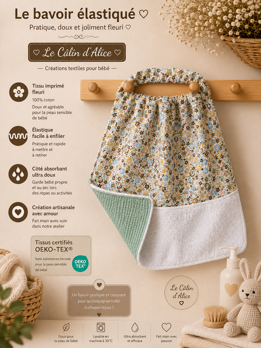 Bavoir élastique bébé fleuri et nid-d'abeilles vert d'eau fait main – Le Câlin d'Alice
