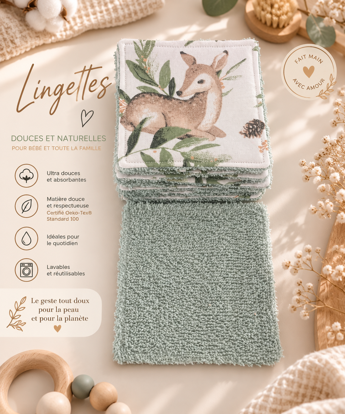 Lingettes lavable bébé motif animaux de la forêt