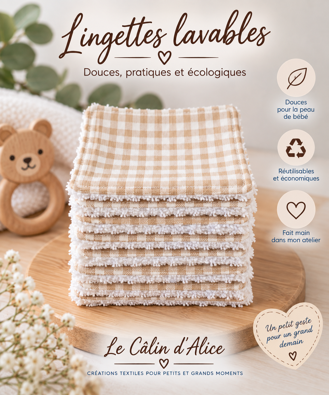 Lingette lavable bébé en coton imprimé motif Vichy beige