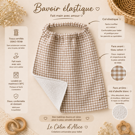 Bavoir élastique bébé vichy beige et nid-d'abeille blanc fait main – Le Câlin d'Alice