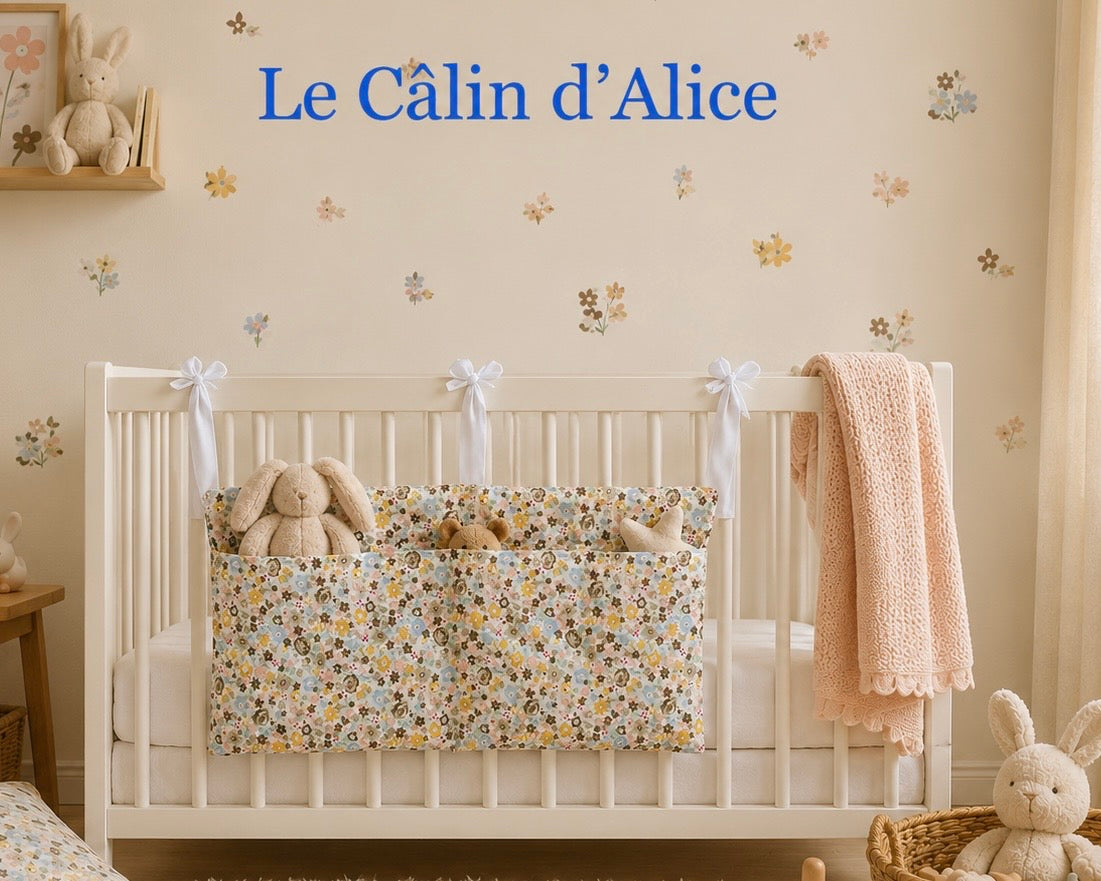 Range Doudou Bébé Motif Fleurs Tricolores – Organisateur de Lit Fait Main | Cadeau Naissance