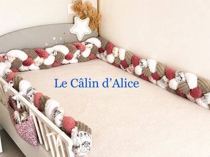 Tresse de lit 4 brins – Minky à pois rose framboise & blanc, gris rayures & animaux savane fleuris