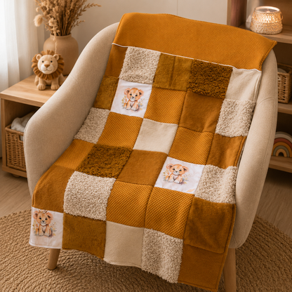Couverture patchwork moutarde motif lion