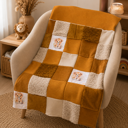 Couverture bébé patchwork moutarde motif lion, pièce unique