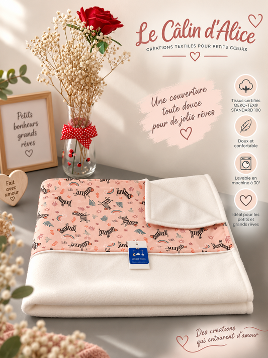 Couverture bébé blanche motif zèbre, faite main