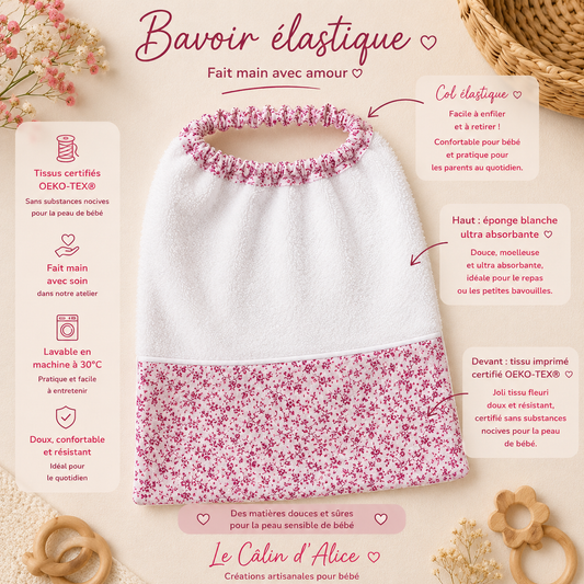 Bavoir élastique bébé motif fleuri rose et éponge absorbant fait main – Le Câlin d'Alice