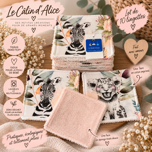 Lot de 10 lingettes lavables bébé motif zèbre lion