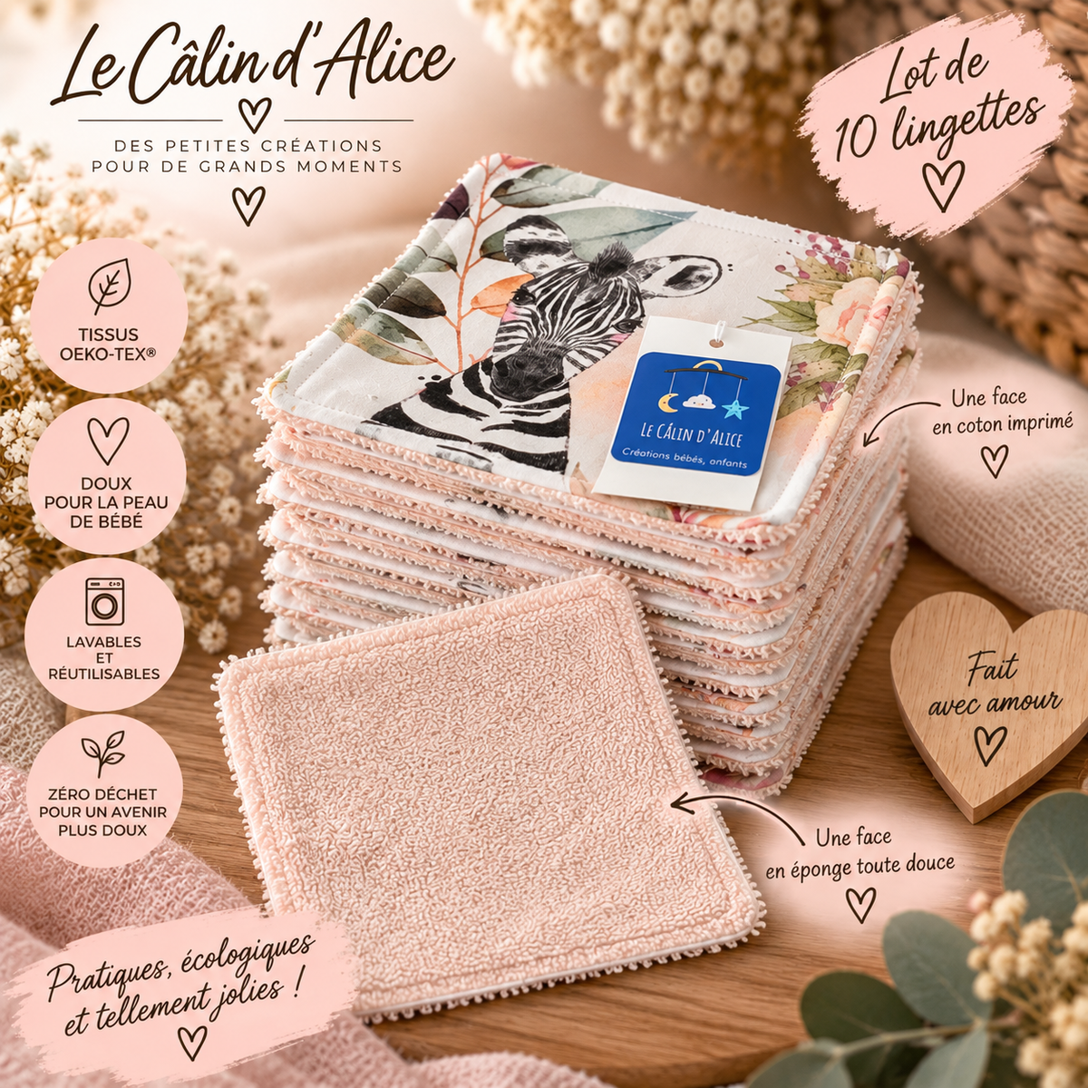 Lingette lavable bébé en tissu imprimé motif zèbre lion