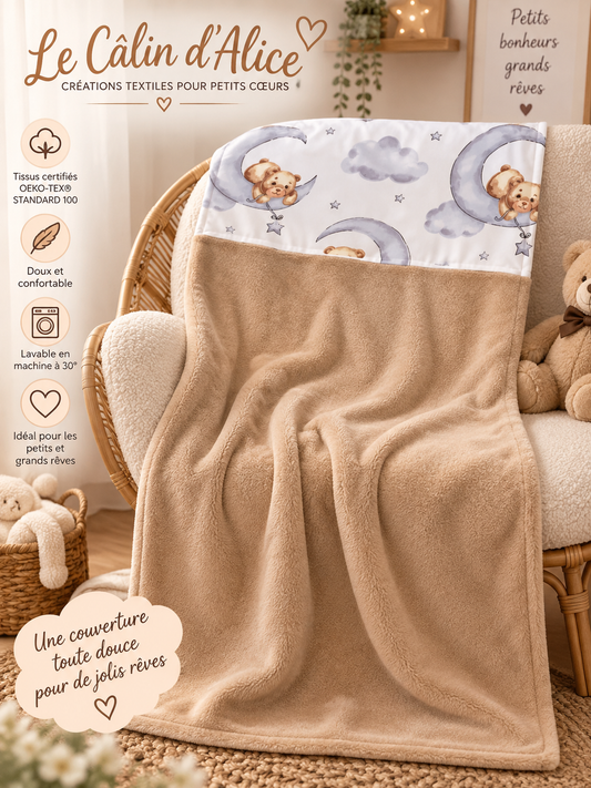 Couverture bébé beige motif ours qui dort, faite main