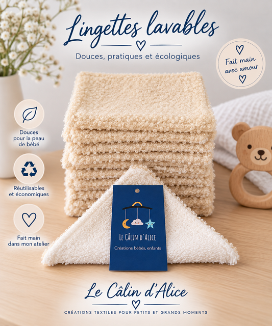 Lot de 10 lingettes lavables bébé en coton bouclette beige