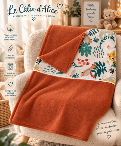 Couverture bébé terracotta motif jungle, faite main