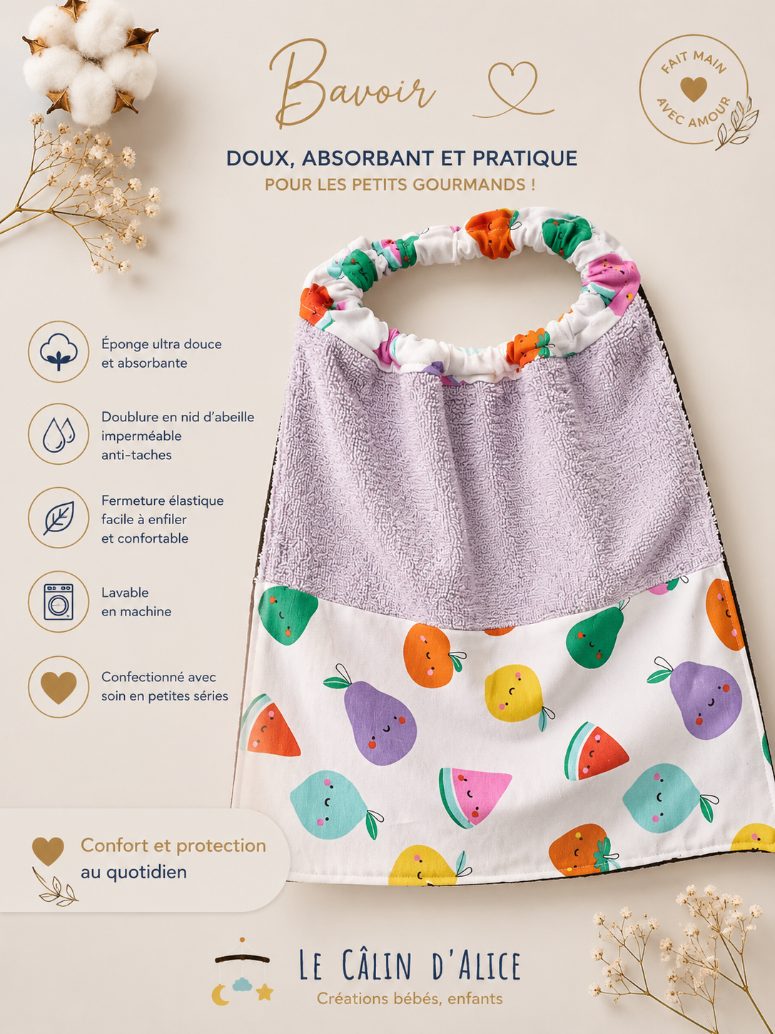 Bavoir élastique pour cantine - crèche motif fruit