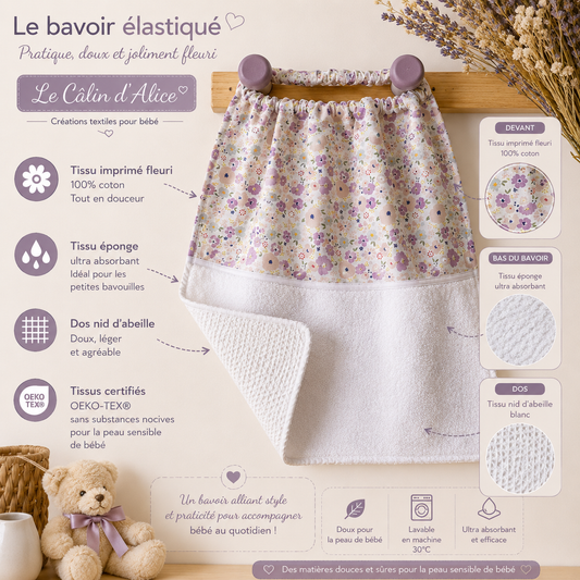 Bavoir élastique bébé fleuri lilas et nid-d'abeille blanc fait main – Le Câlin d'Alice