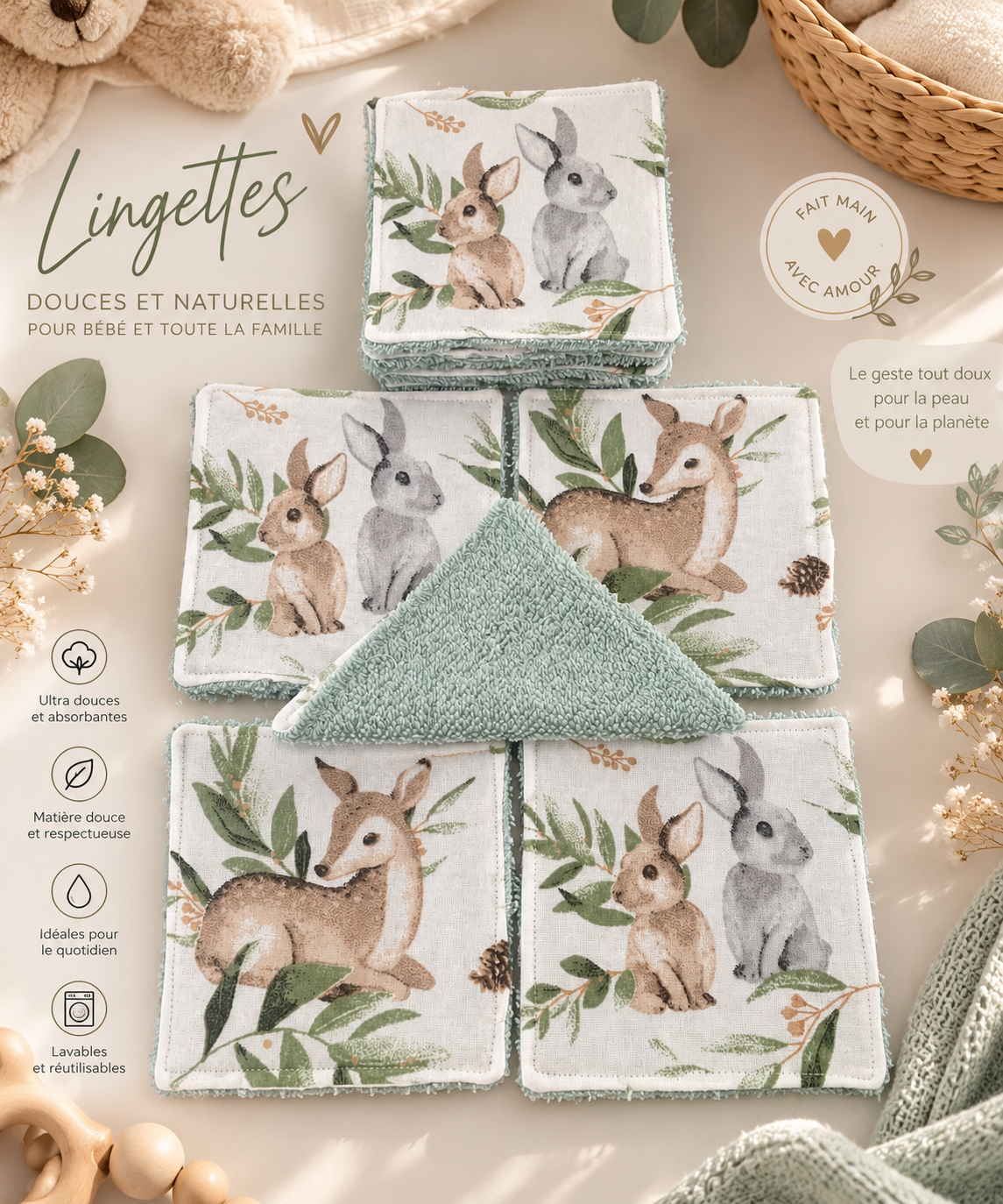 Lingettes lavable bébé motif animaux de la forêt