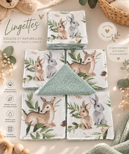 Lingettes lavable bébé motif animaux de la forêt