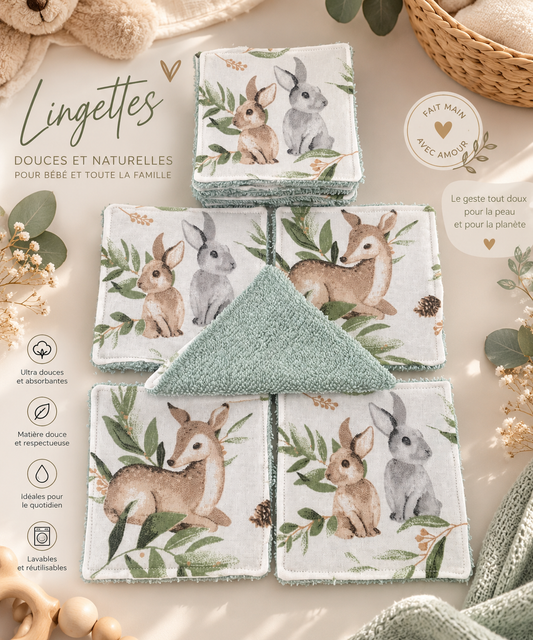 Lot de 10 lingettes lavables bébé motif animaux de la forêt
