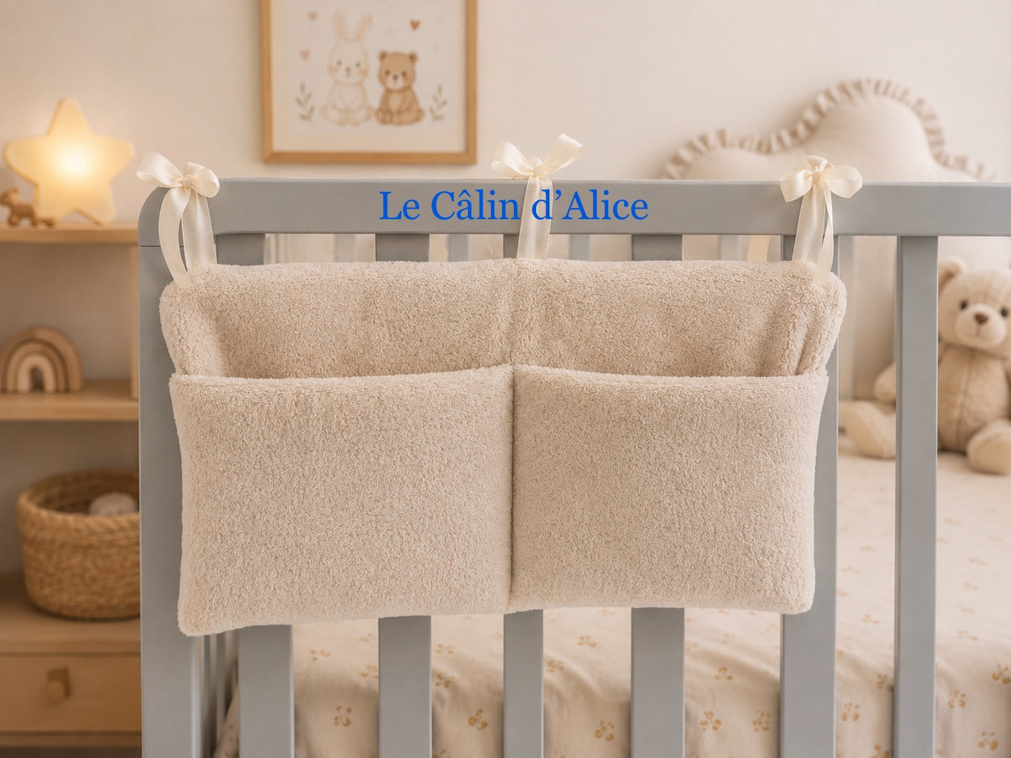Range Doudou Bébé ultra doux couleur beige  – Organisateur de Lit Fait Main | Cadeau Naissance