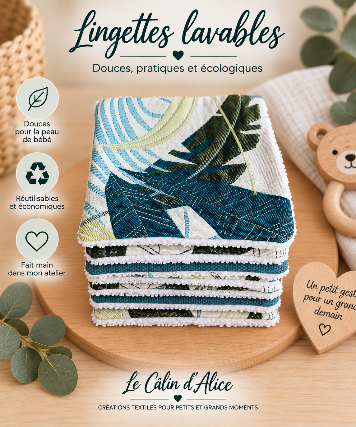 Lot de lingettes bébé réutilisables en coton certifié Oeko-Tex®