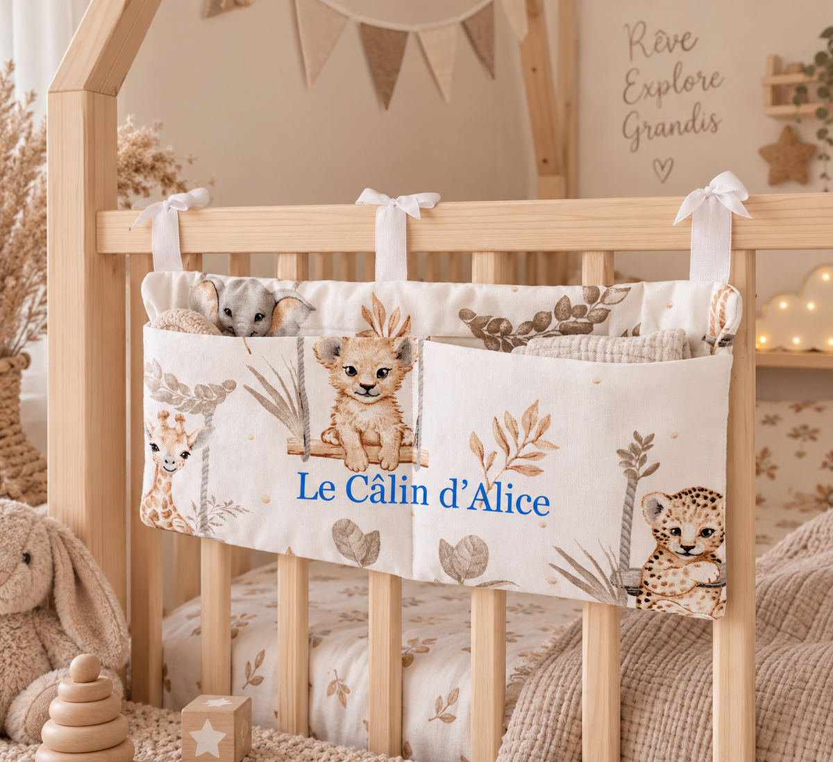 Range-doudou bébé motif animaux balançoire, organisateur de lit fait main