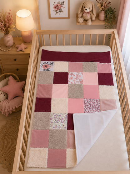 Couverture patchwork rose motif fleurs