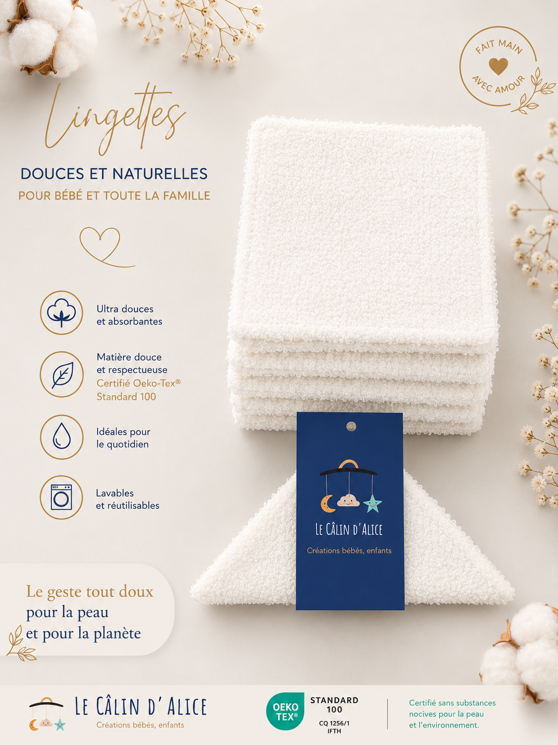 Lingettes lavable bébé tissu bouclette