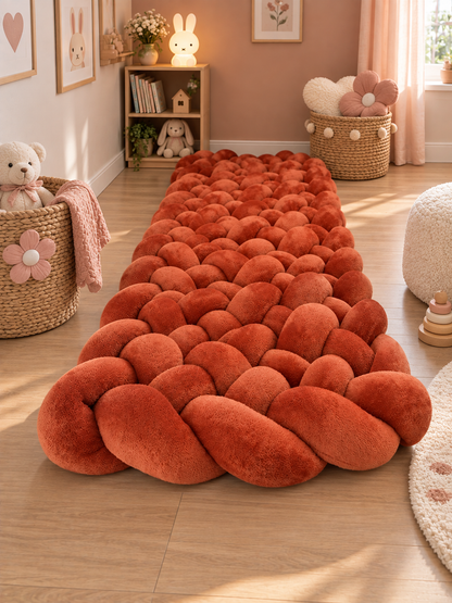 Tapis tressé rembourré terracotta doudou au pied d’un lit enfant