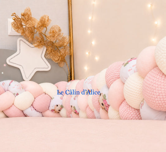 Tresse de lit 4 brins – Rose & blanc nid d'abeilles, rose clair tout doux & imprimé tortues roses