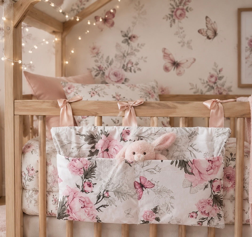 Range Doudou Bébé Motif Rose Papillon – Organisateur de Lit Fait Main | Cadeau Naissance
