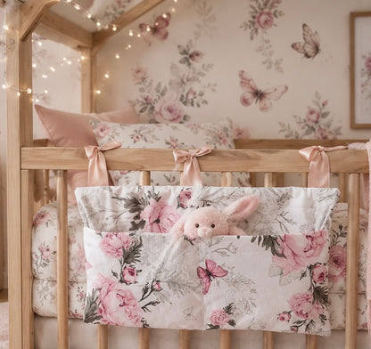 Range Doudou Bébé Motif Rose Papillon – Organisateur de Lit Fait Main | Cadeau Naissance