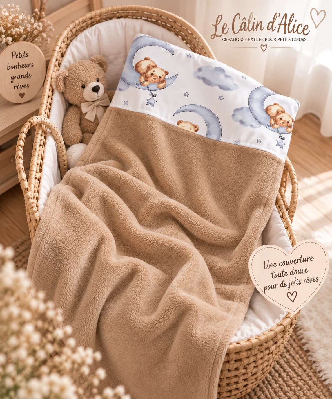 Couverture naissance douce avec imprimé ours qui dort beige
