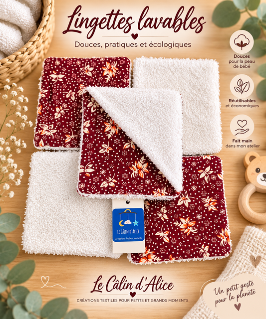 Lot de 8 lingettes lavables bébé motif fleuri fond rouge