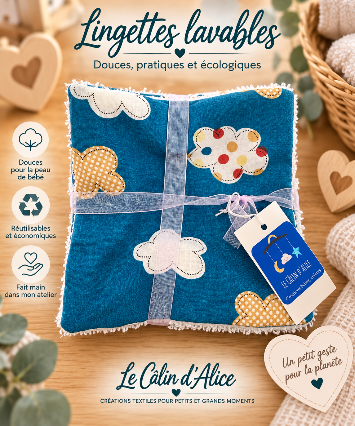 Lingette lavable bébé en coton imprimé motif nuage