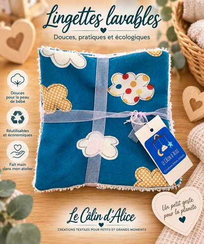 Lingette lavable bébé en coton imprimé motif nuage