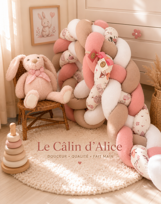 Tresse de lit 4 brins – Blanc, rose, beige & imprimé biches danseuses