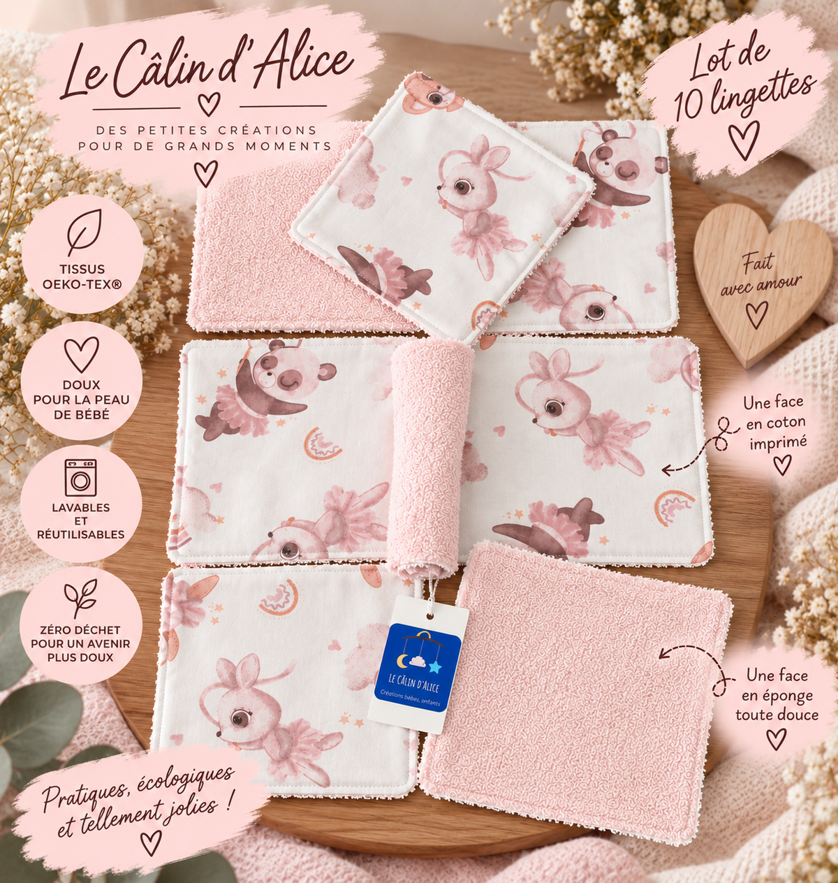 Lot de 10 lingettes lavables bébé motif panda lapin danseuse