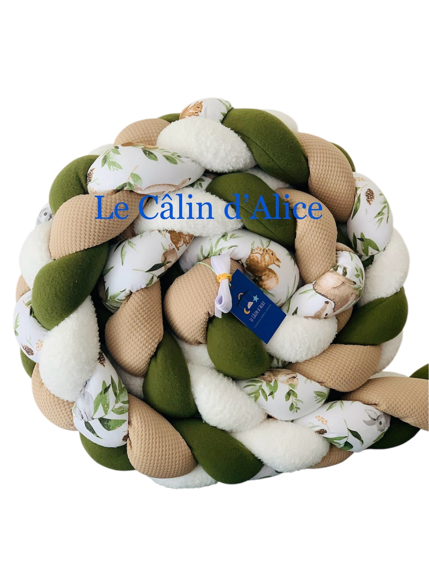 Tresse de lit 4 brins – Blanc, Beige & Kaki Animaux Forêt